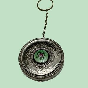 Vintage 1920s Evans Art Deco Guilloche Enamel Rose Silver Ring Compact Powder